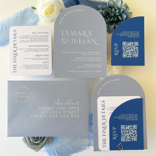 Written in the Stars Dusky Blue Arch Invitation Set