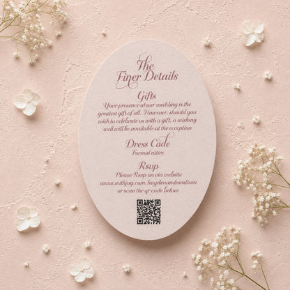 Wedding invitation card with QR code on a pink background with flowers