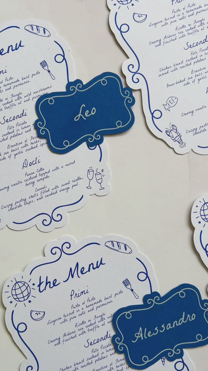 Capri Menu Blue and White Wedding or Event Place Cards and Menus