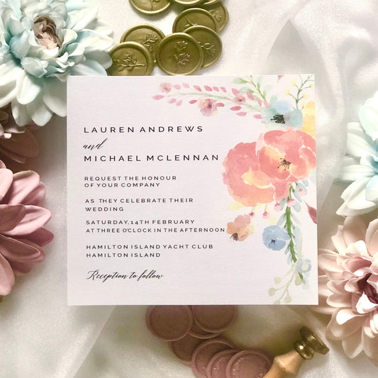 Lauren Rustic Watercolour Flower Wedding Invitation - Glitzy Prints