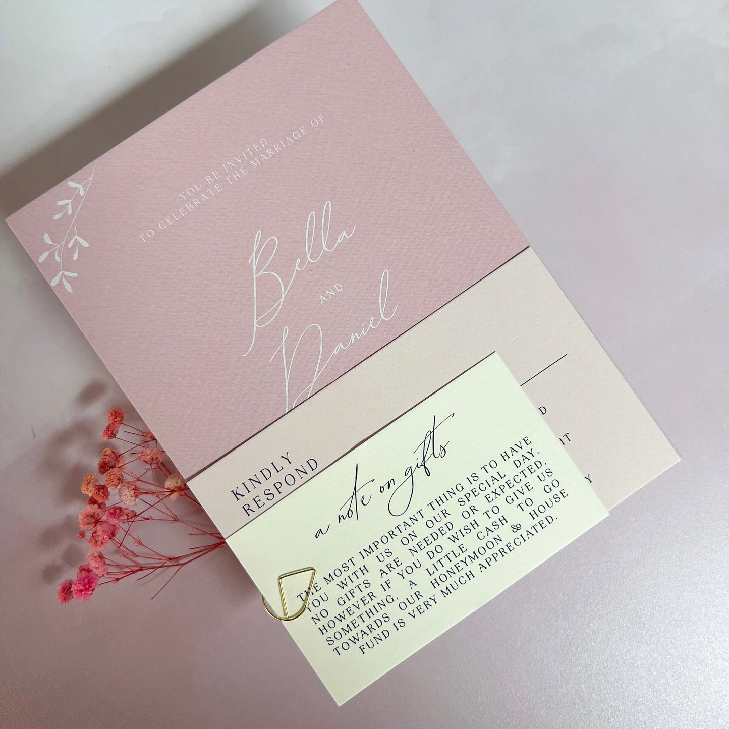 Bella White Ink Dusty Pink Invitation Suite - Glitzy Prints