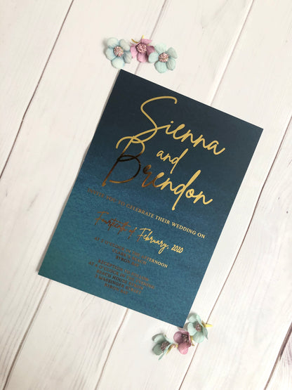 "Sienna Moody Blues" Navy Turquoise Ombre Watercolour Foil Invitation - Glitzy Prints