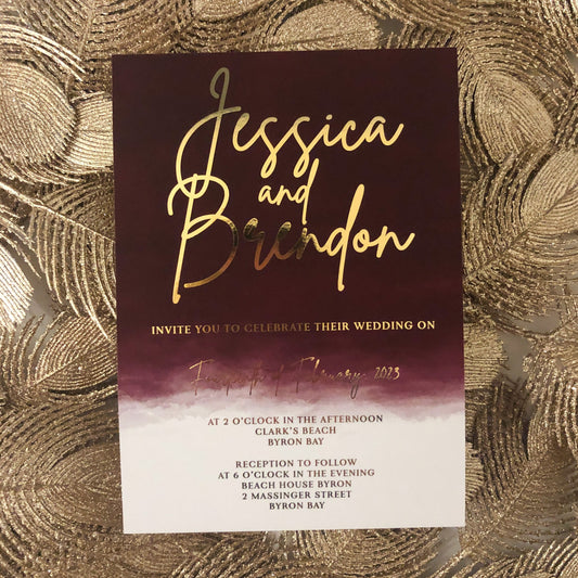 Burgundy gold foil wedding invitation 