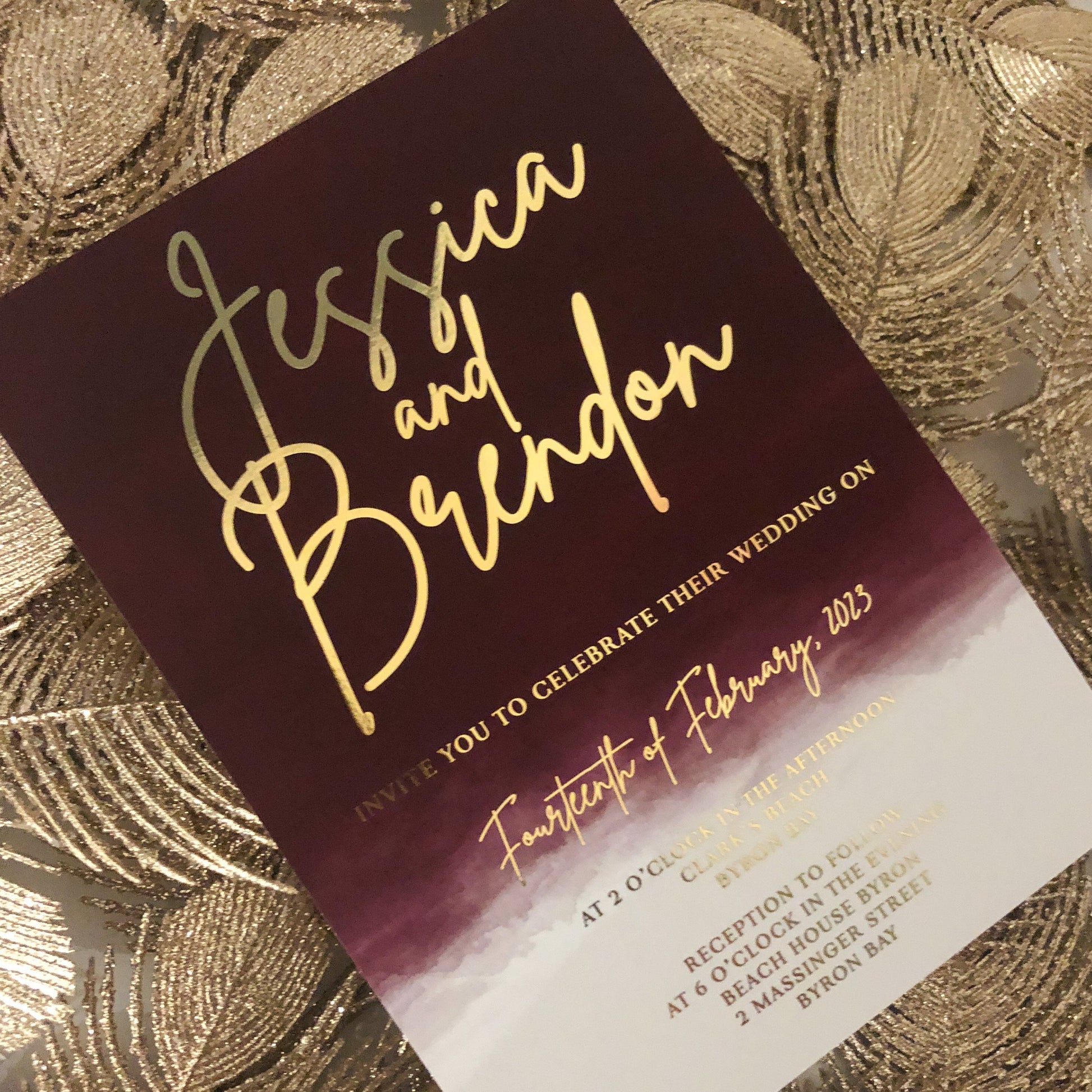 Burgundy gold foil wedding invitation 1