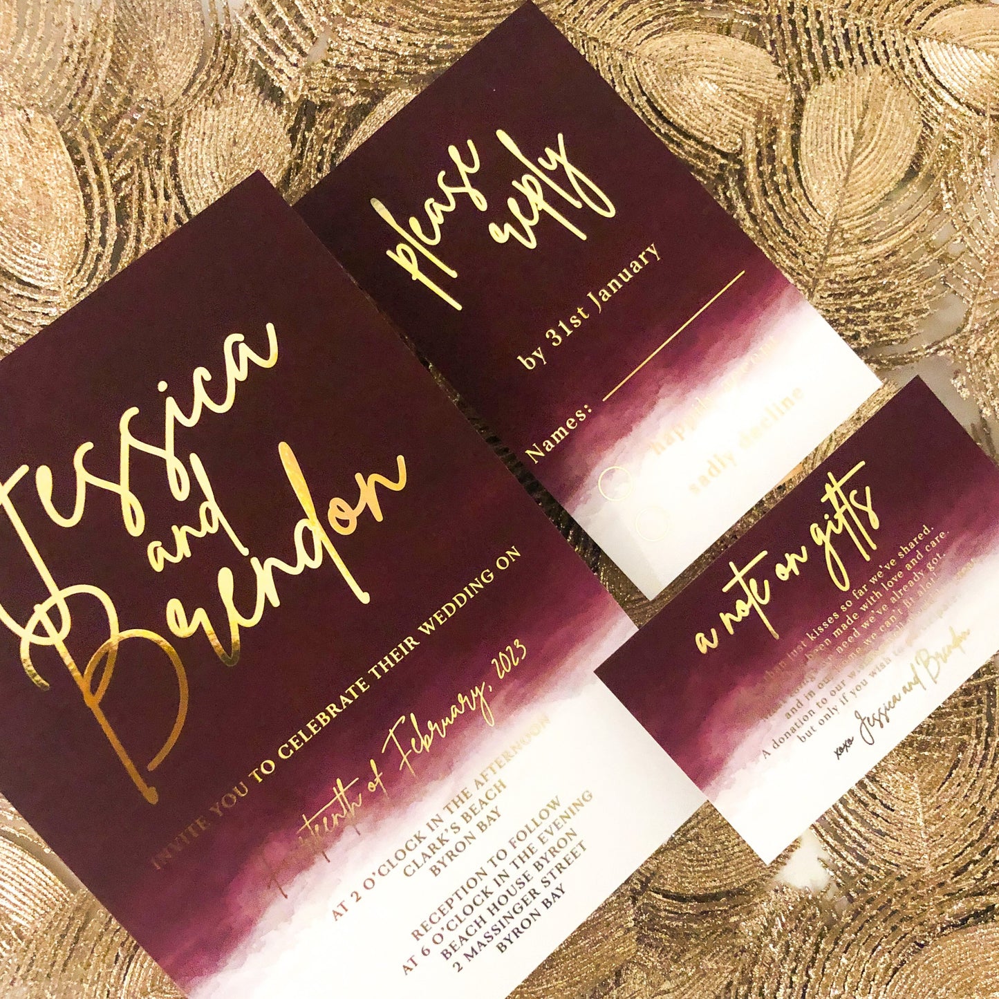 Burgundy Ombre Watercolour invitation with gold or silver foil - Glitzy Prints