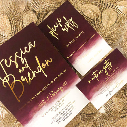 Burgundy Ombre Watercolour invitation with gold or silver foil - Glitzy Prints