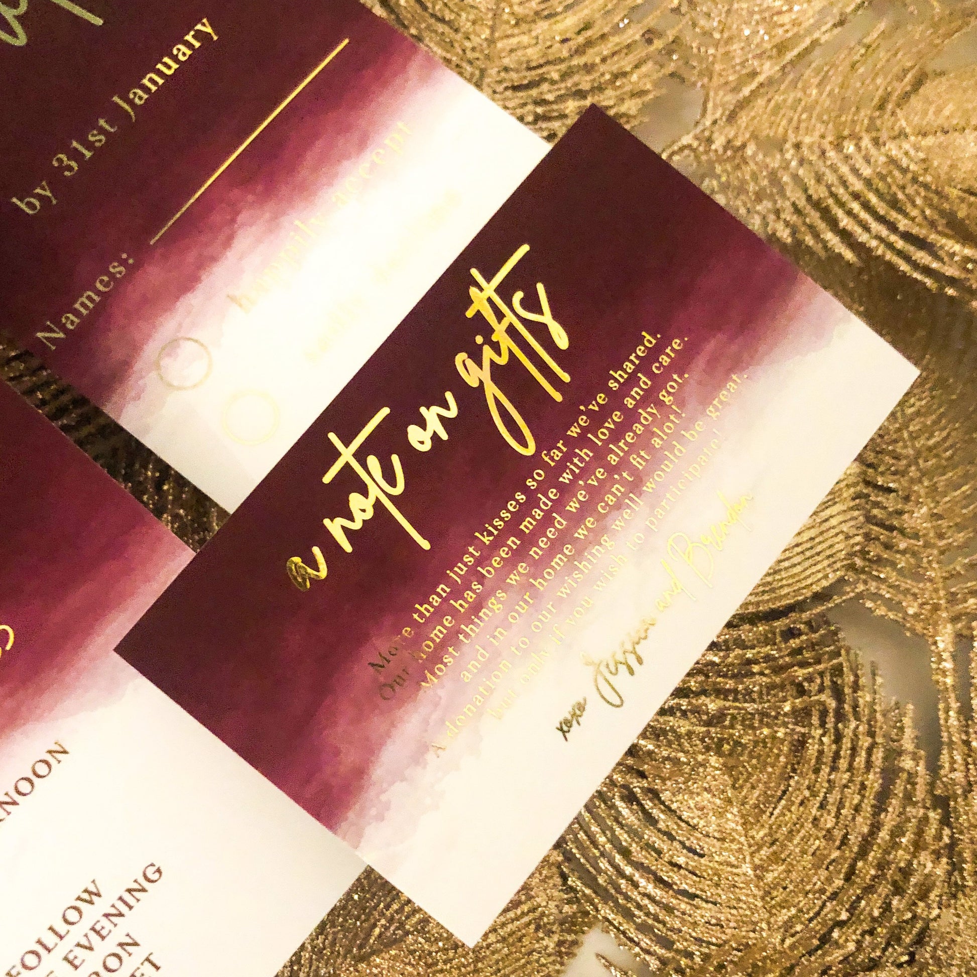 Burgundy gold foil wedding invitation 1
