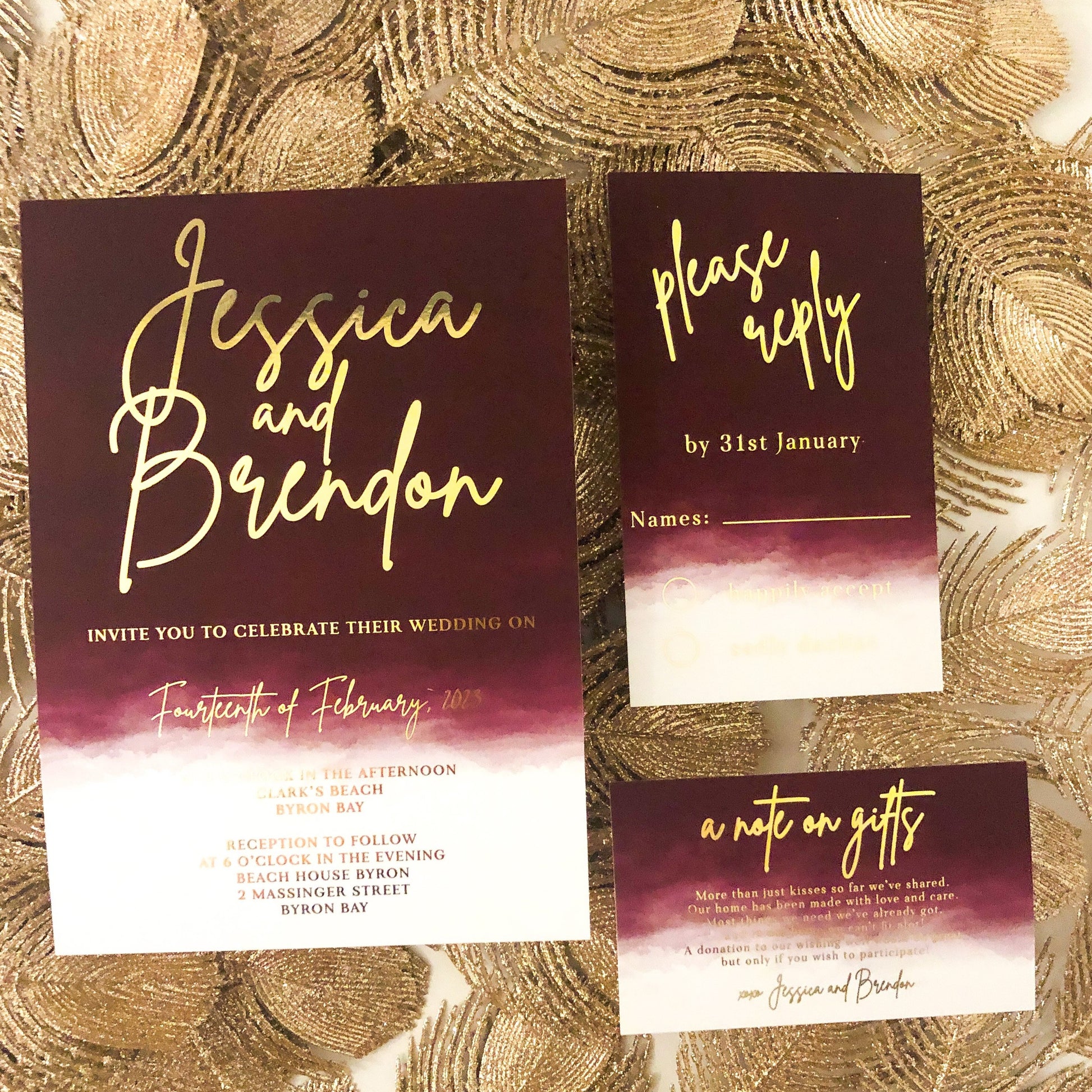 Burgundy gold foil wedding invitation 1