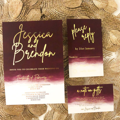 Burgundy gold foil wedding invitation 1
