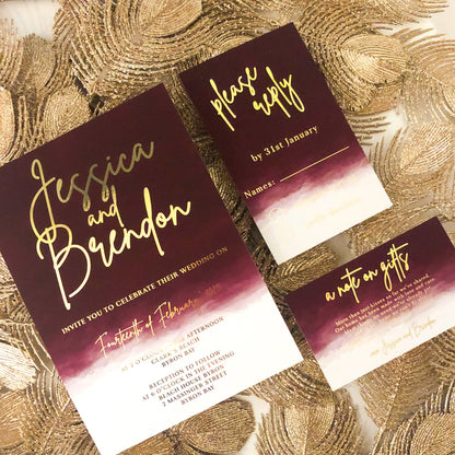 Burgundy Ombre Watercolour invitation with gold or silver foil - Glitzy Prints