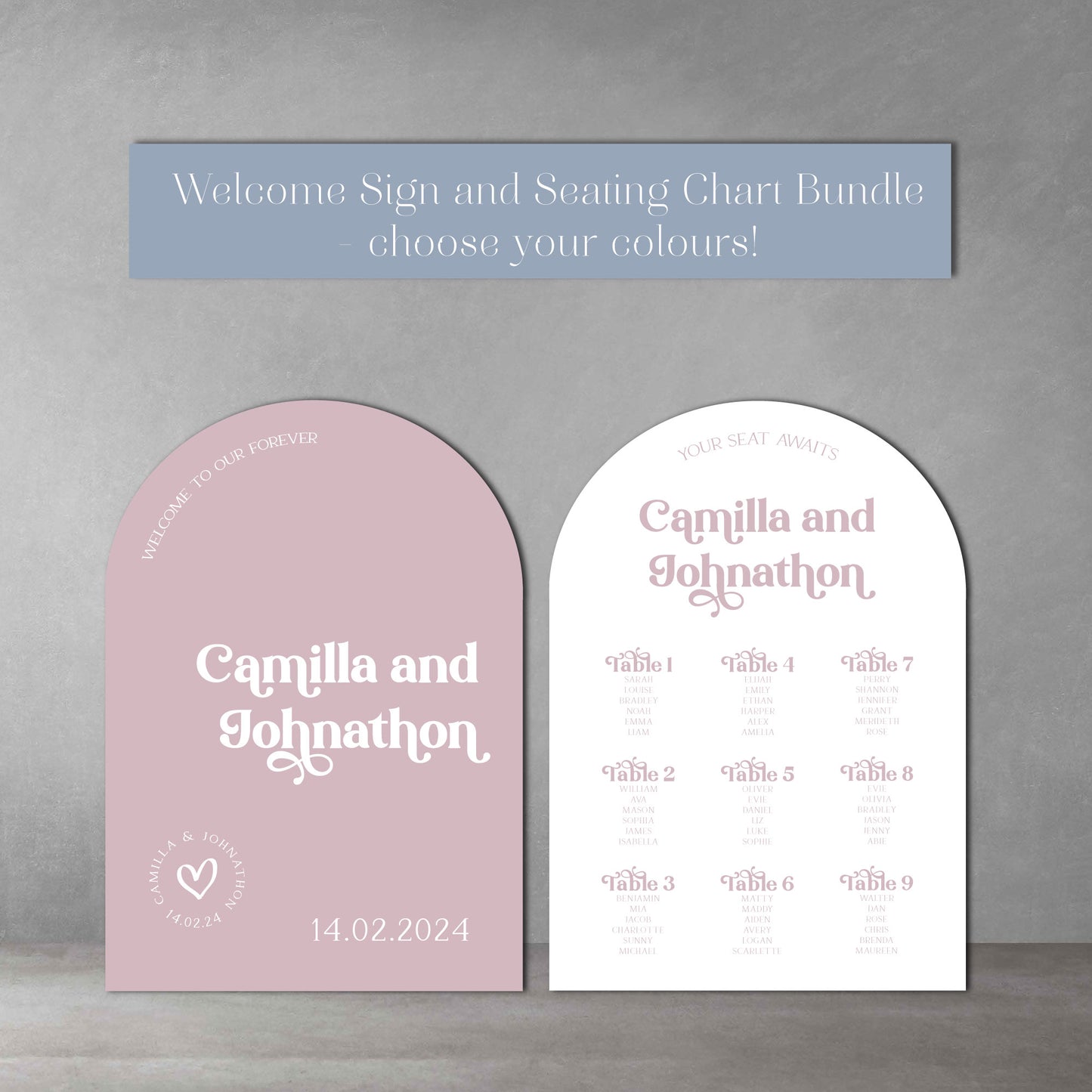 Camilla Arch Wedding Welcome Sign and Seating Chart Package - Glitzy Prints