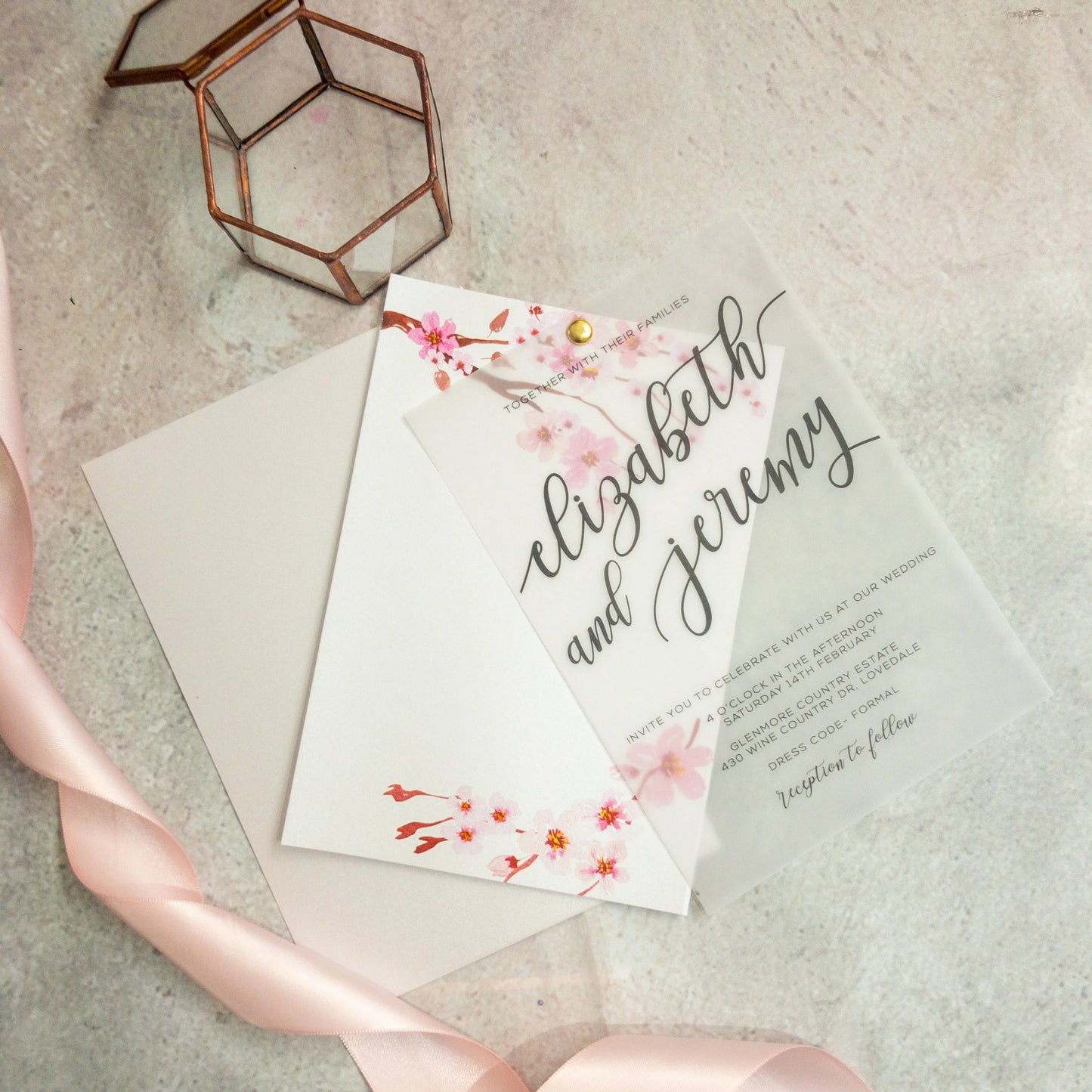 "Elizabeth" Vellum Cherry Blossom Wedding Invitation - Glitzy Prints
