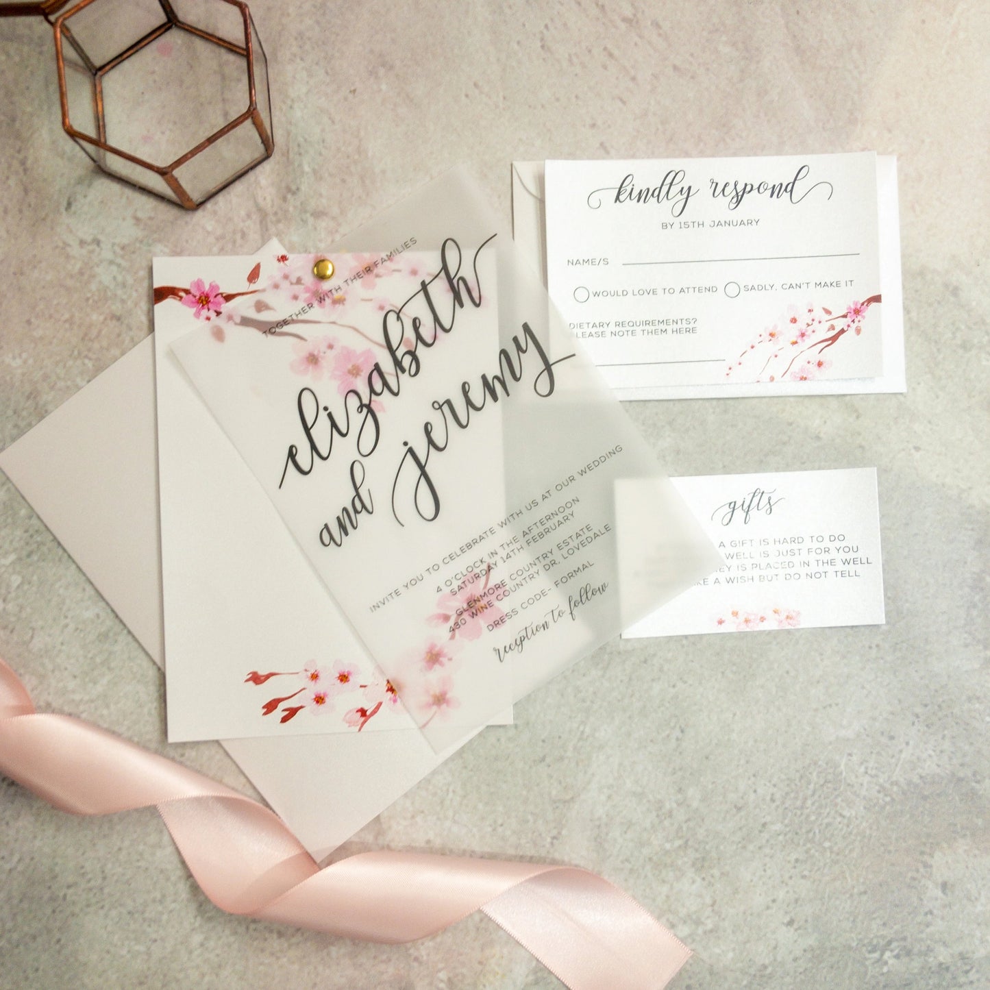 "Elizabeth" Vellum Cherry Blossom Wedding Invitation - Glitzy Prints