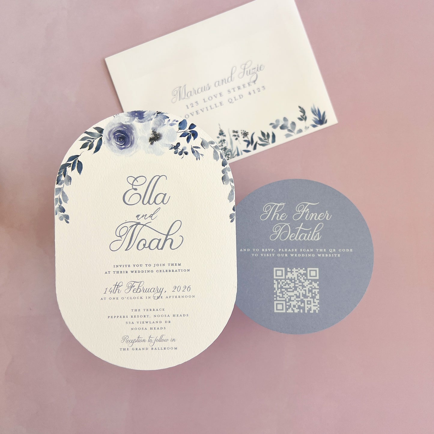 Ella Invitation Set - Invite and Details / RSVP Card in Dusty Blue