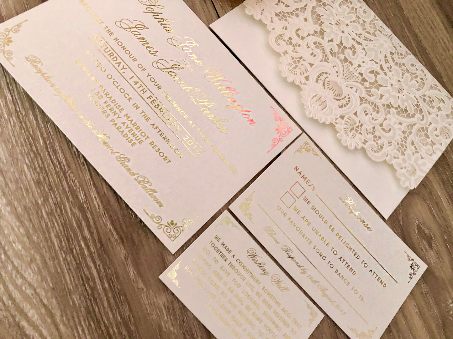 Gold Foil Lace Pocket Laser Cut Wedding Invitation - Glitzy Prints