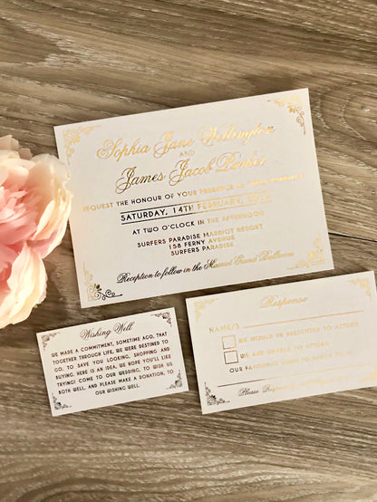 Gold Foil Lace Pocket Laser Cut Wedding Invitation - Glitzy Prints