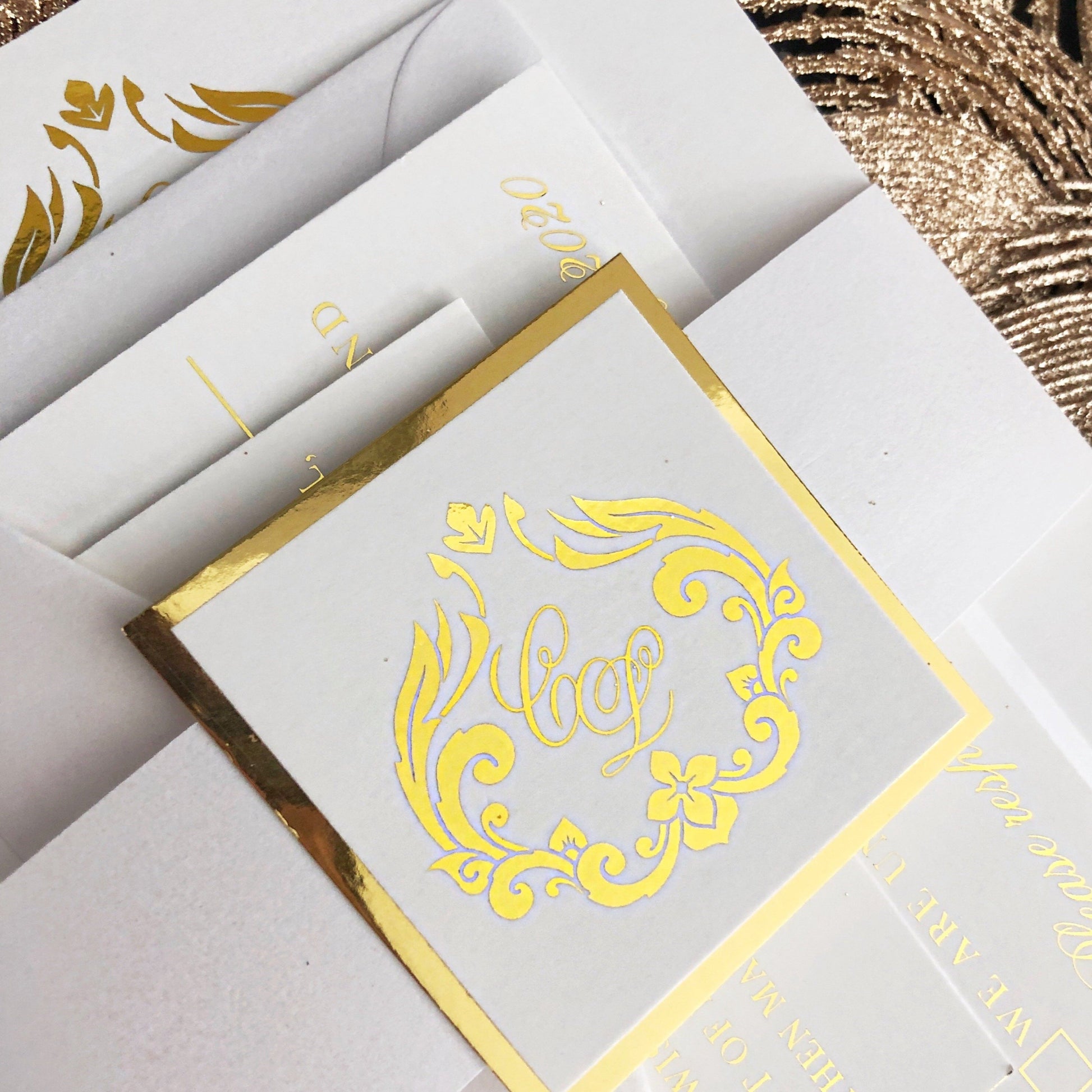 Monogram gold foil wedding invitation