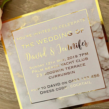 Marble effect gold foil wedding invitation