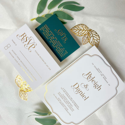 "Ryleigh" Gold Foil White and Forest Green Wedding Invitation Suite - Glitzy Prints