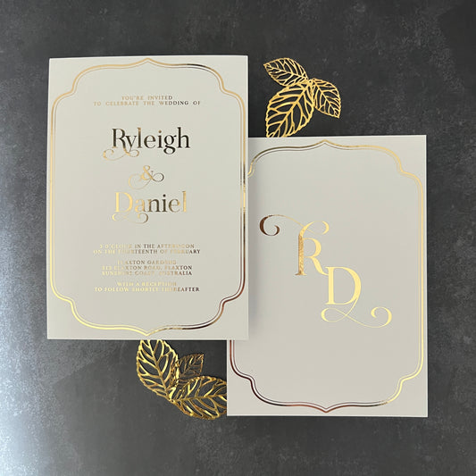 "Ryleigh" Gold Foil White and Forest Green Wedding Invitation Suite - Glitzy Prints