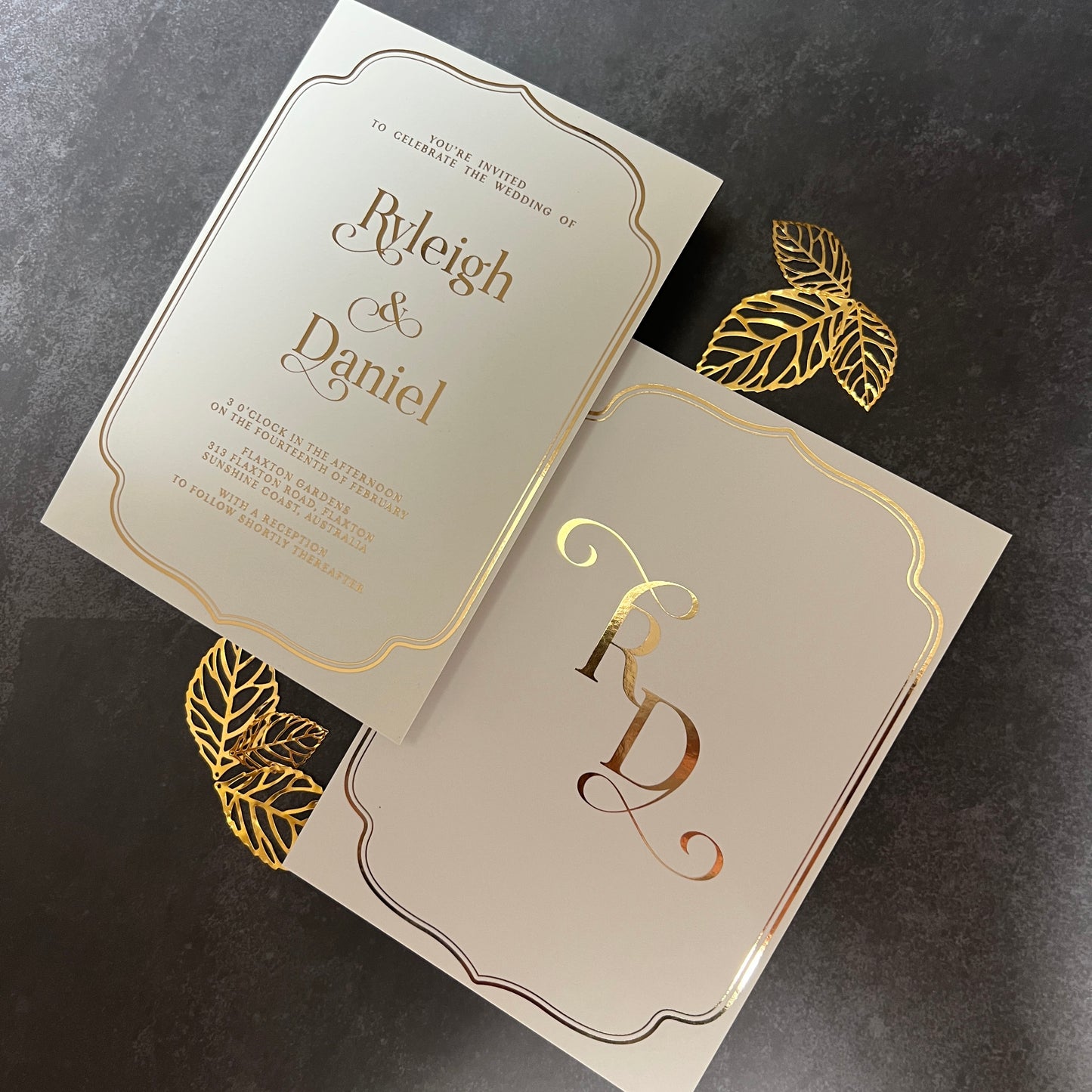 "Ryleigh" Gold Foil White and Forest Green Wedding Invitation Suite - Glitzy Prints