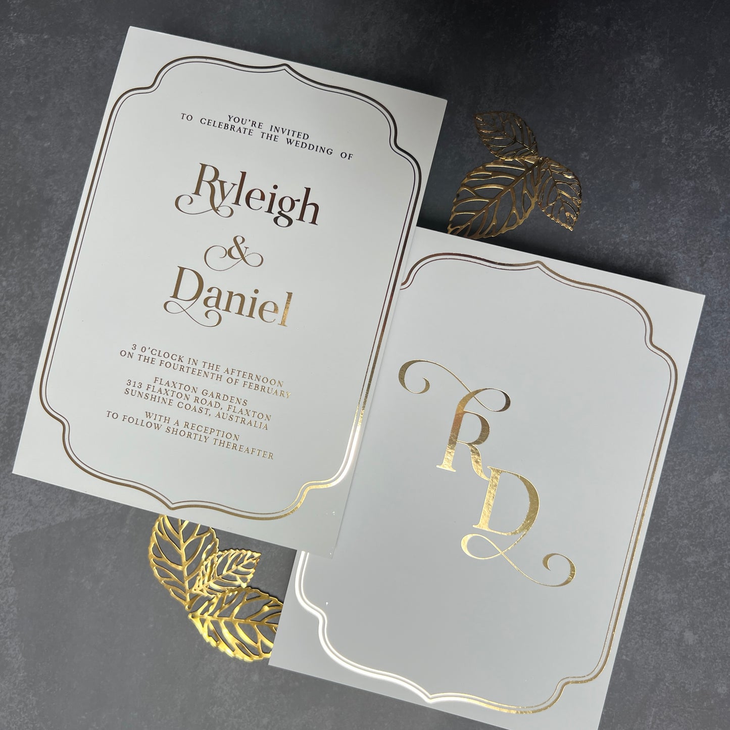 "Ryleigh" Gold Foil White and Forest Green Wedding Invitation Suite - Glitzy Prints