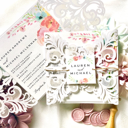Lauren Laser Cut Rustic Watercolour Flower Wedding Invitation - Glitzy Prints