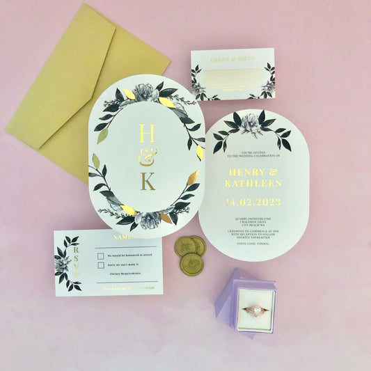 "Kathleen" Double Arch Gold Foil Wedding Invitation Suite Double-Sided - Glitzy Prints