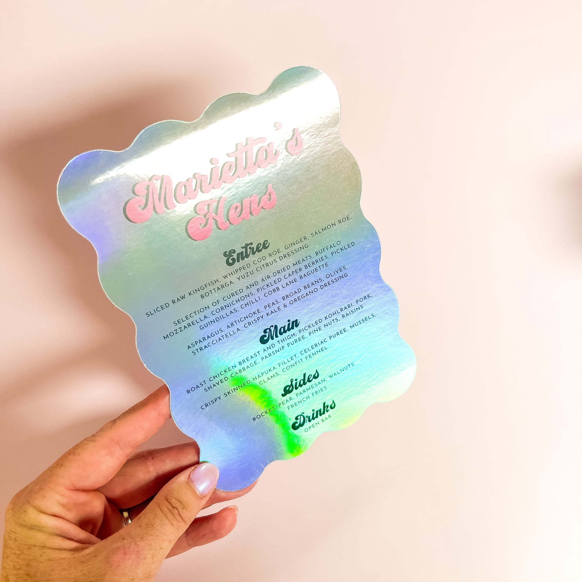 Holgographic wave menus printed wedding menu