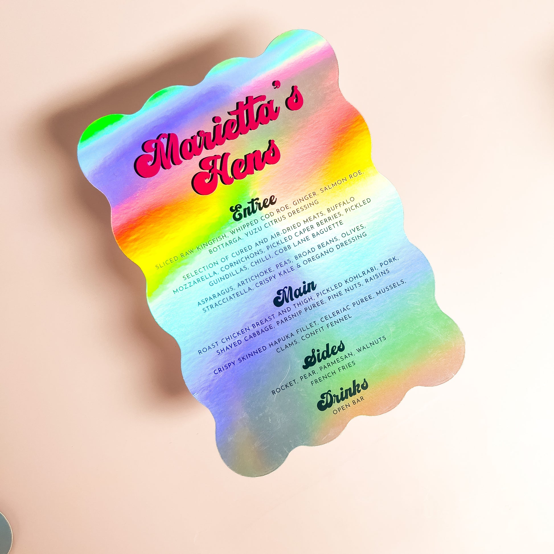 Holgographic wave menus printed wedding menu