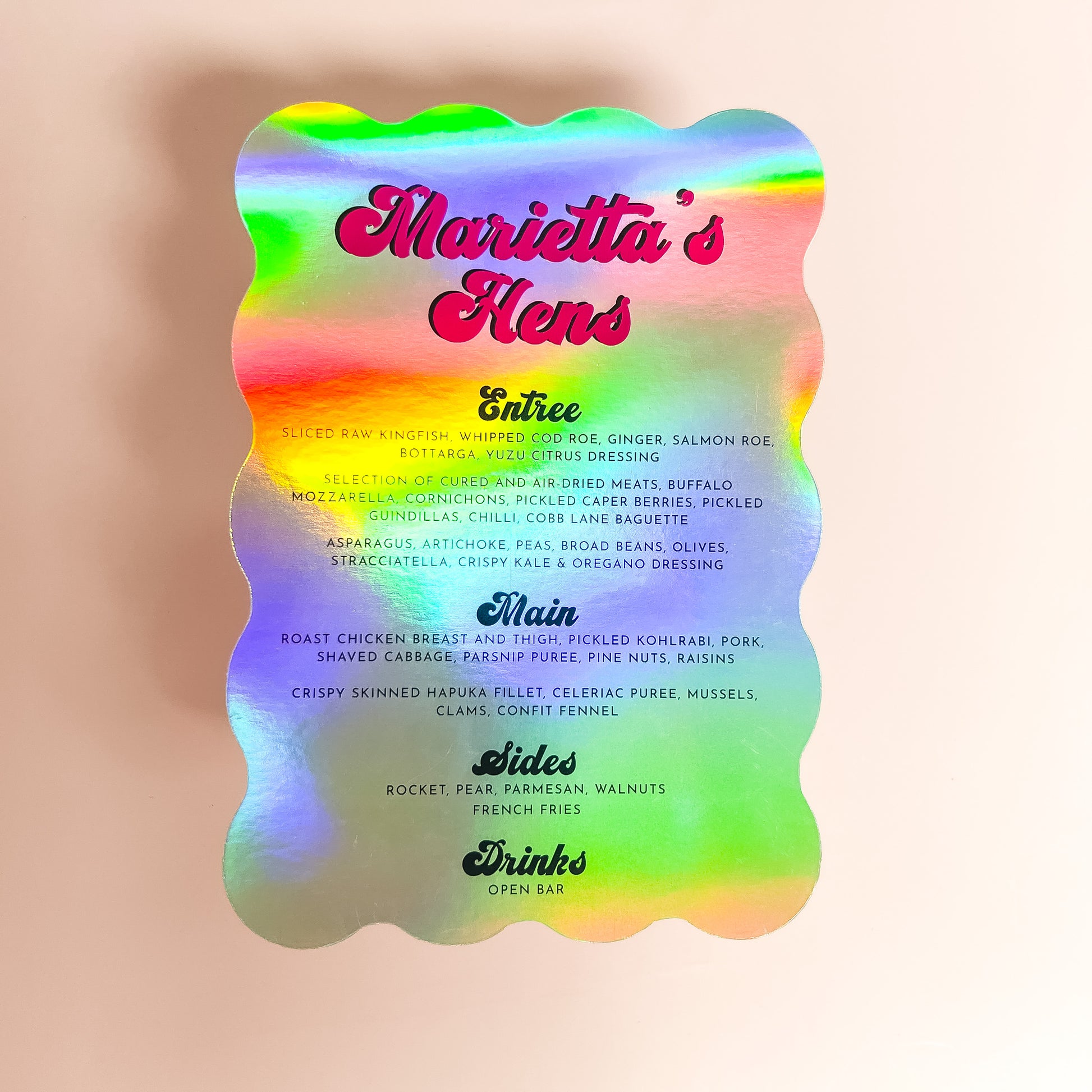 Holgographic wave menus printed wedding menu