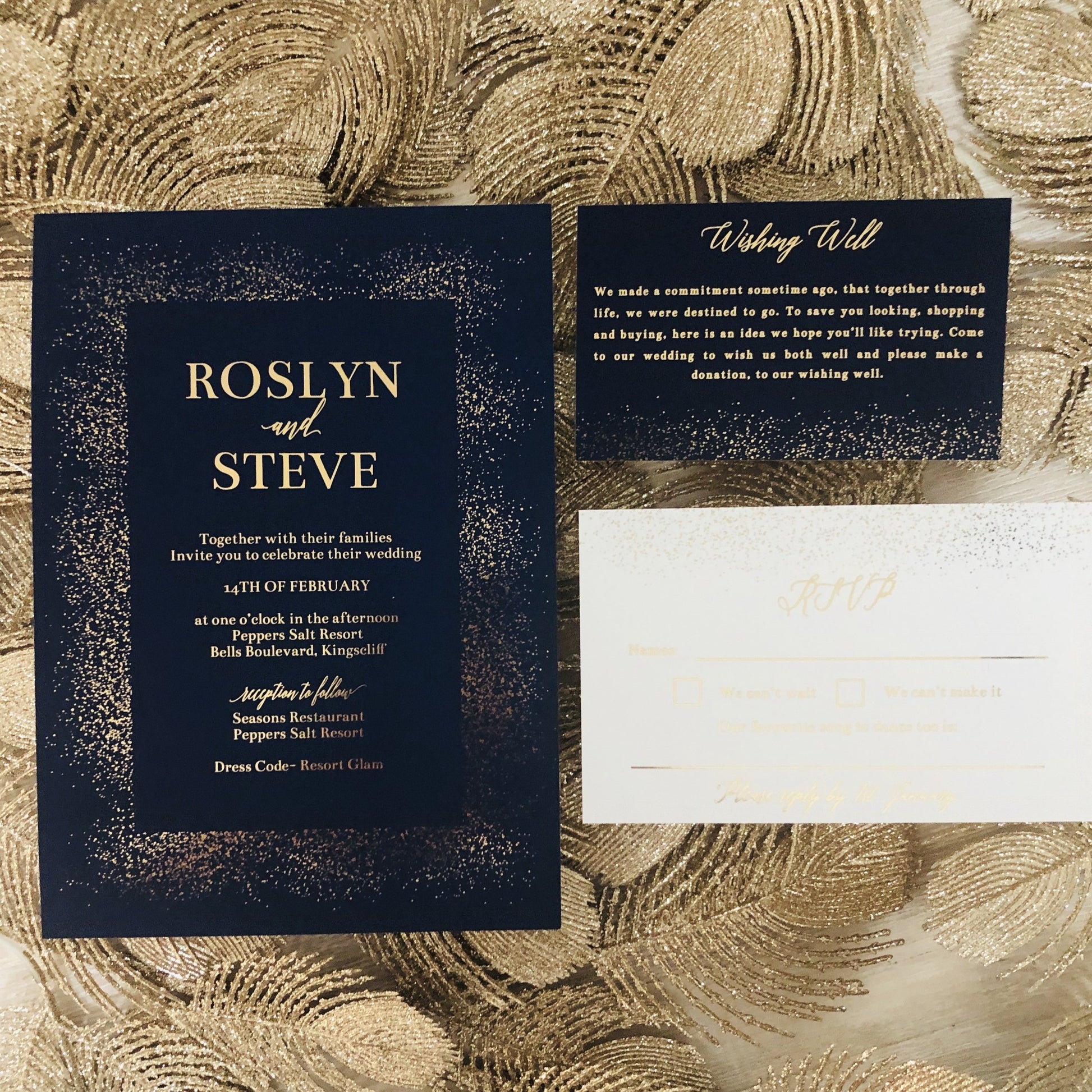 Navy and gold foil wedding invitation