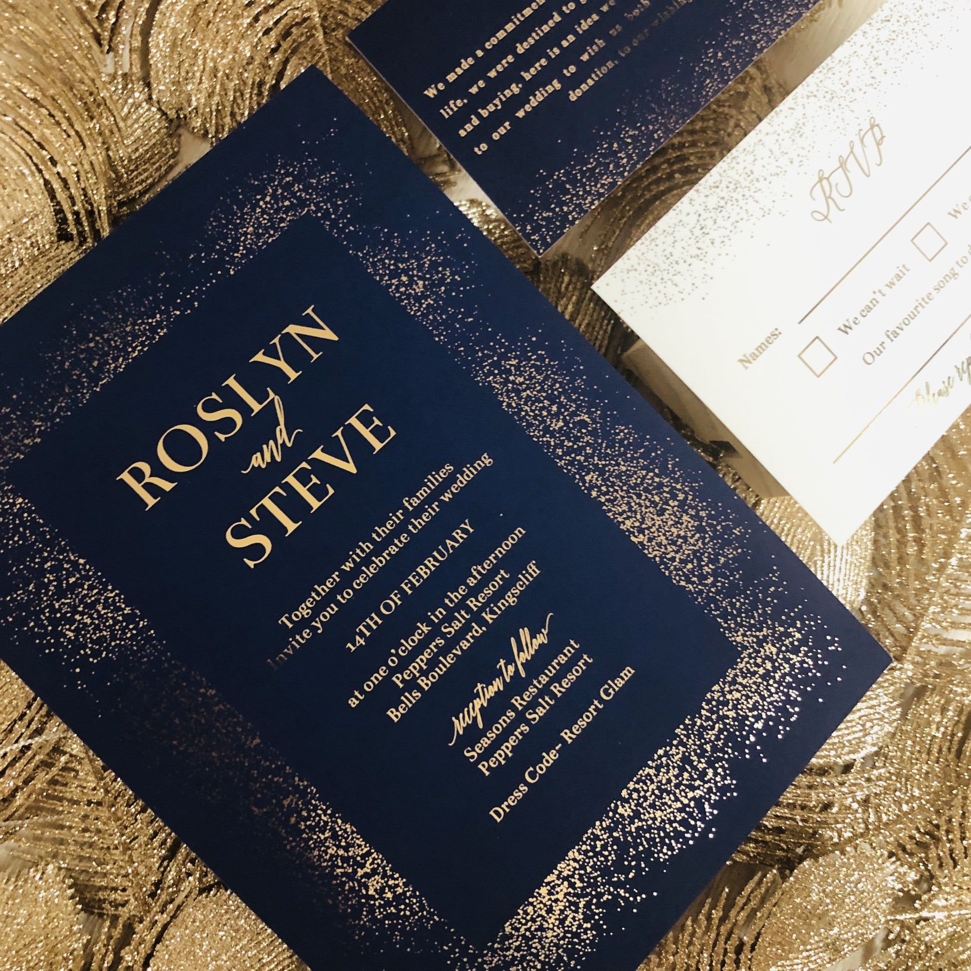 "Rosyln" Navy and Gold Foil Glitter Confetti Wedding Invitation - Glitzy Prints