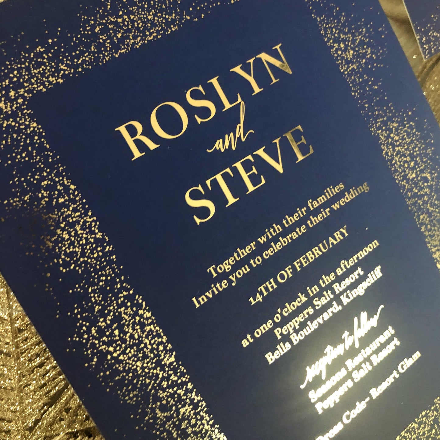 "Rosyln" Navy and Gold Foil Glitter Confetti Wedding Invitation - Glitzy Prints