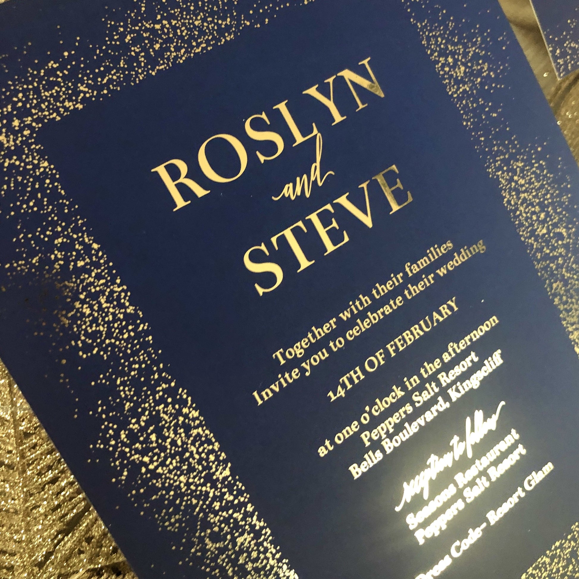 "Rosyln" Navy and Gold Foil Glitter Confetti Wedding Invitation - Glitzy Prints