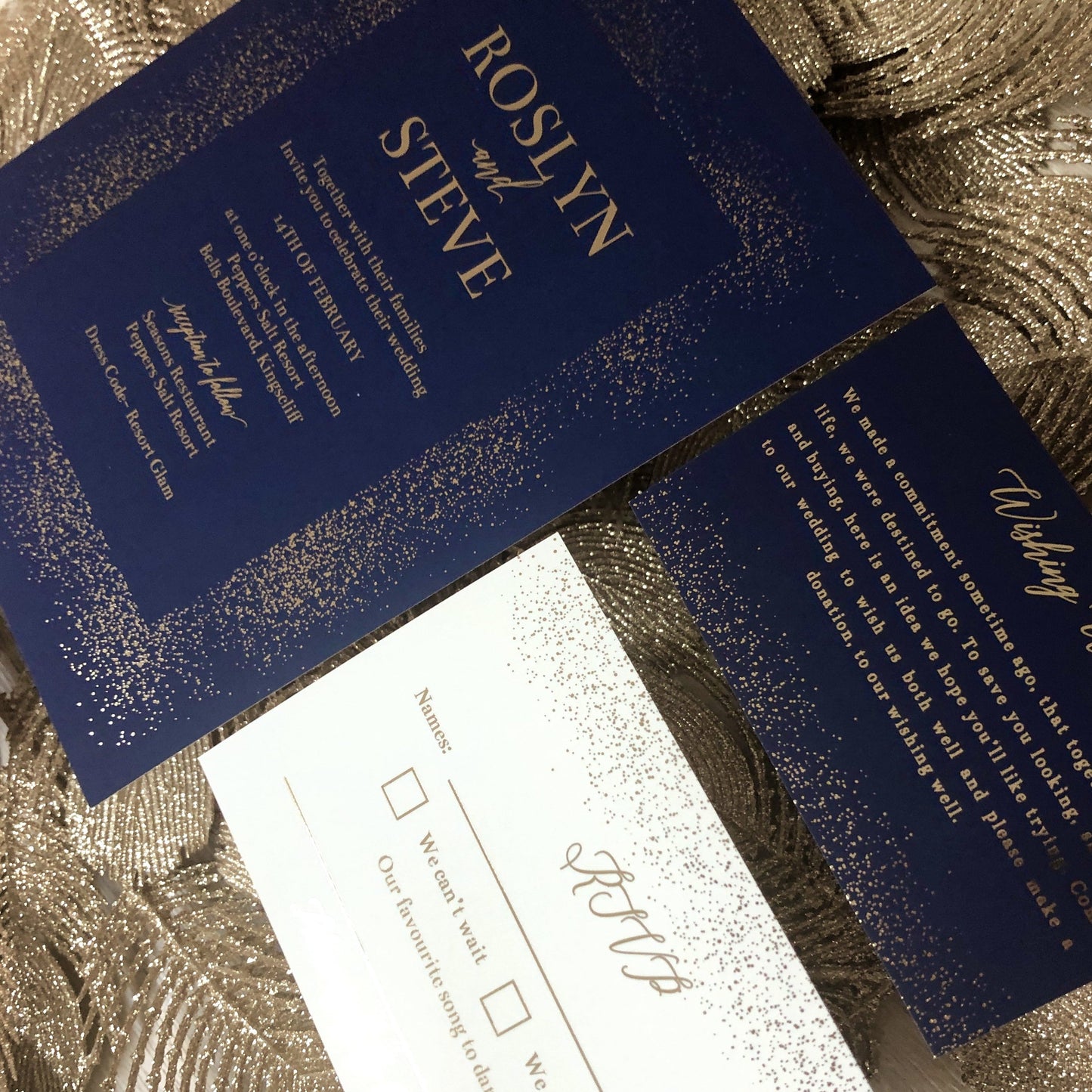 "Rosyln" Navy and Gold Foil Glitter Confetti Wedding Invitation - Glitzy Prints