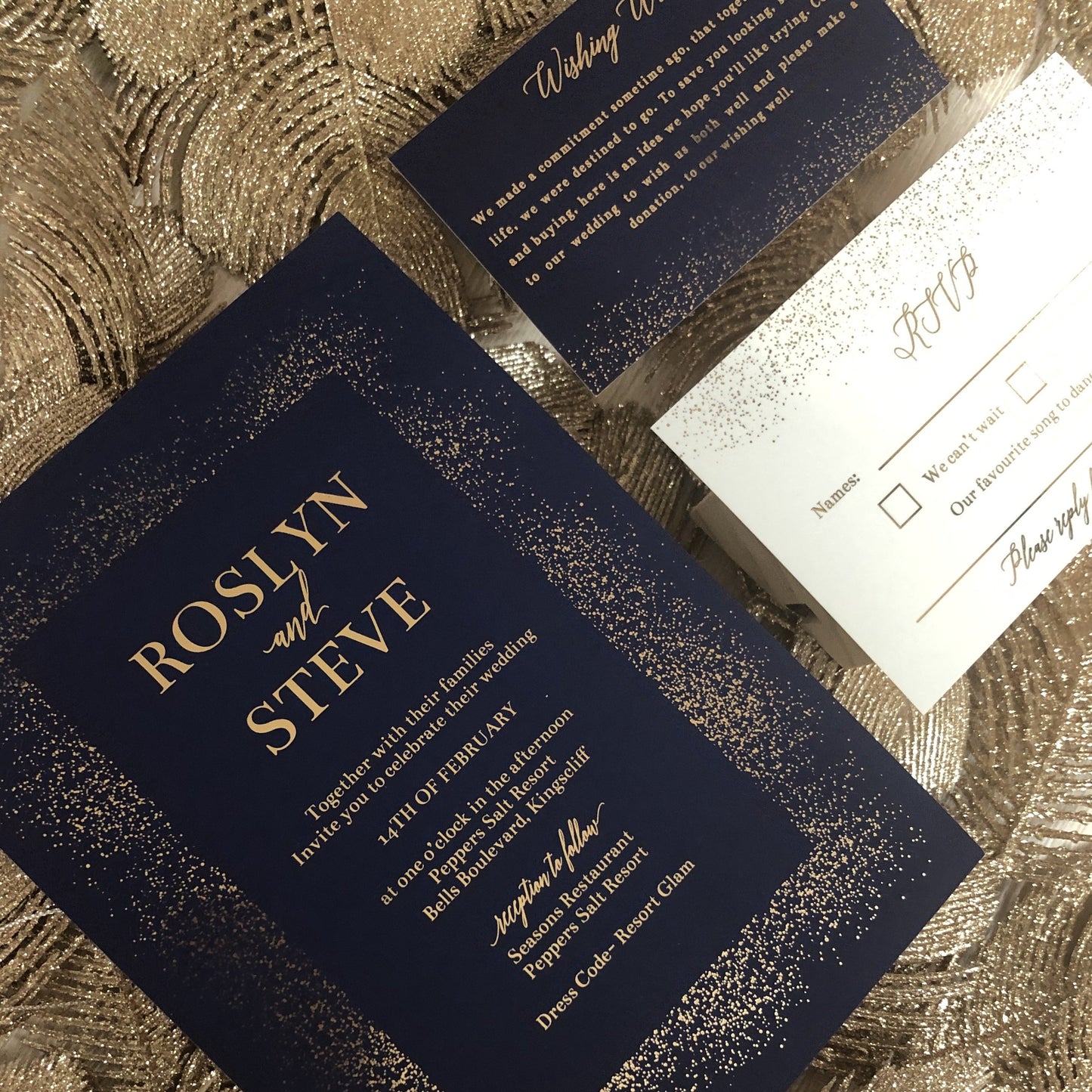 "Rosyln" Navy and Gold Foil Glitter Confetti Wedding Invitation - Glitzy Prints