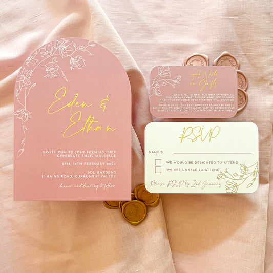 "Eden" Gold Foil Dusty Pink Arch Wedding Invitation Suite - Glitzy Prints