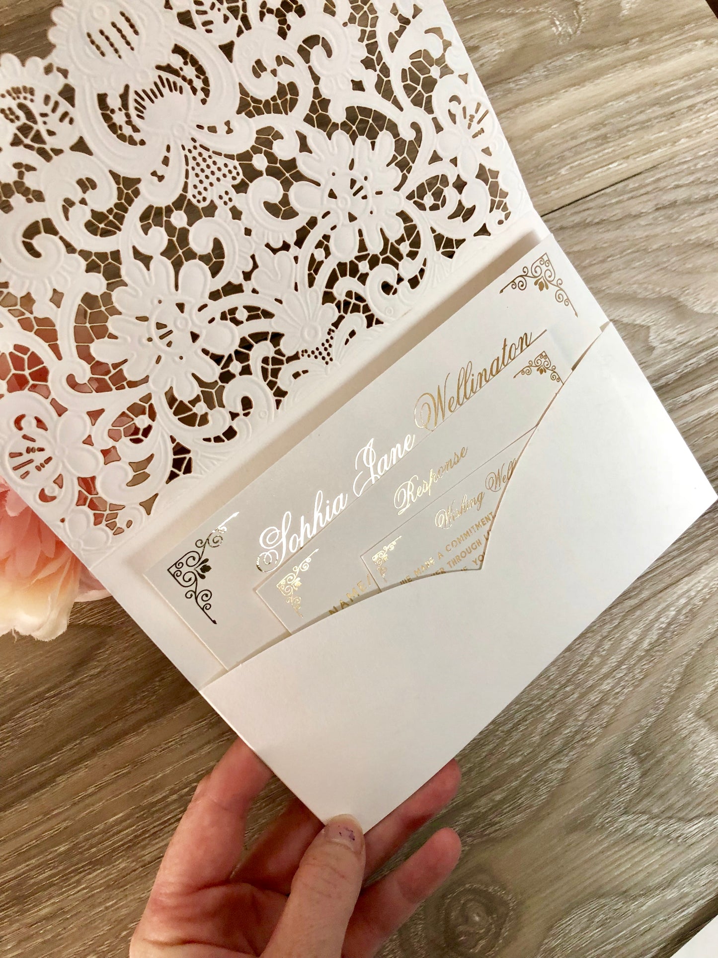 Gold Foil Lace Pocket Laser Cut Wedding Invitation - Glitzy Prints