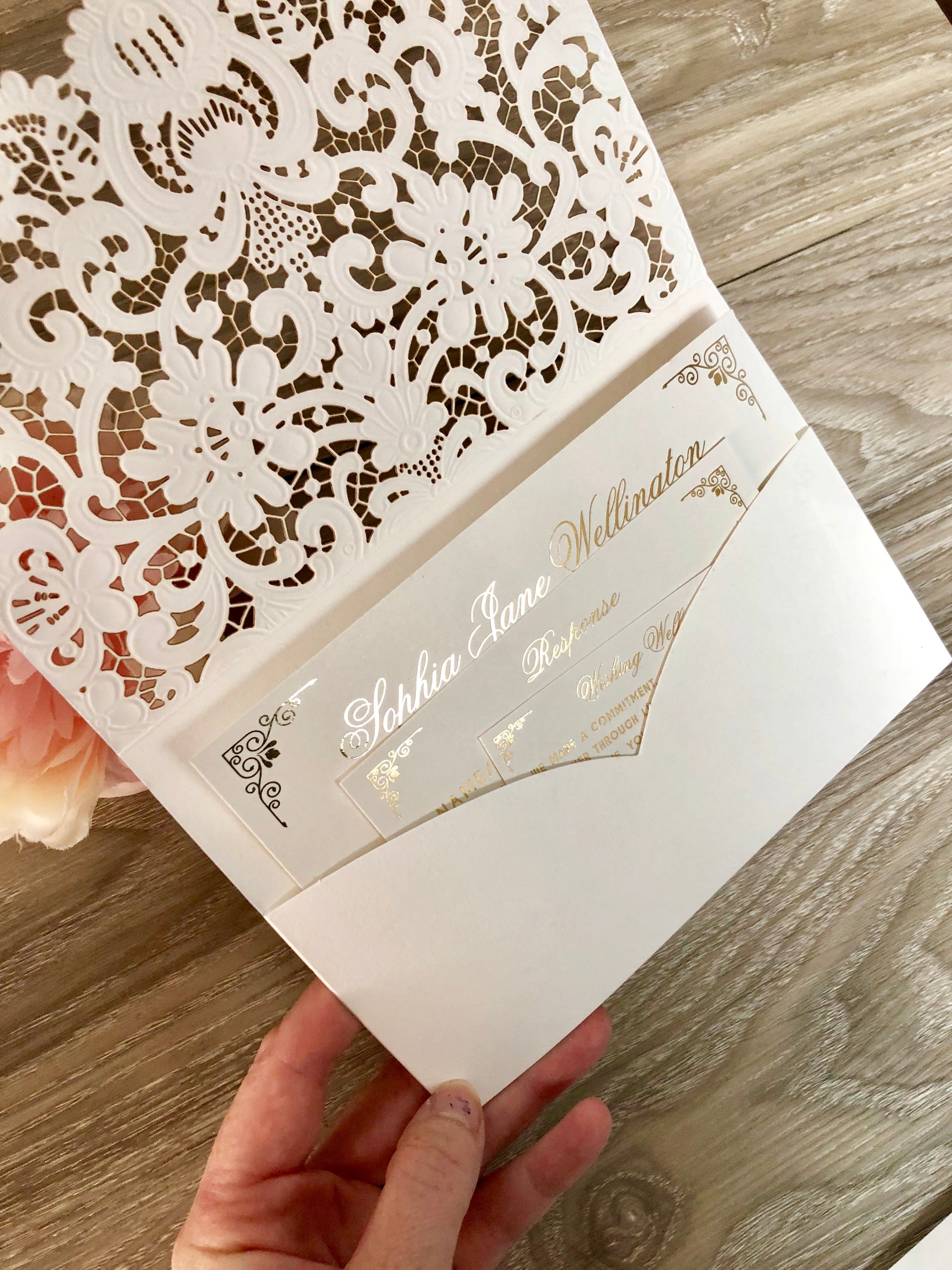 Gold Foil Lace Pocket Laser Cut Wedding Invitation - Glitzy Prints