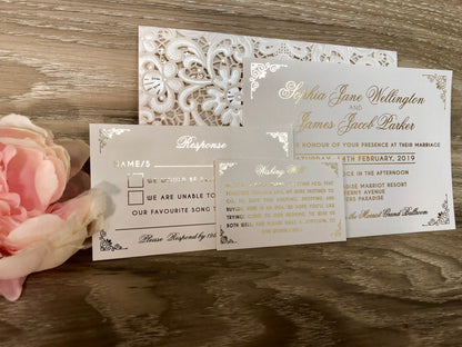 Gold Foil Lace Pocket Laser Cut Wedding Invitation - Glitzy Prints