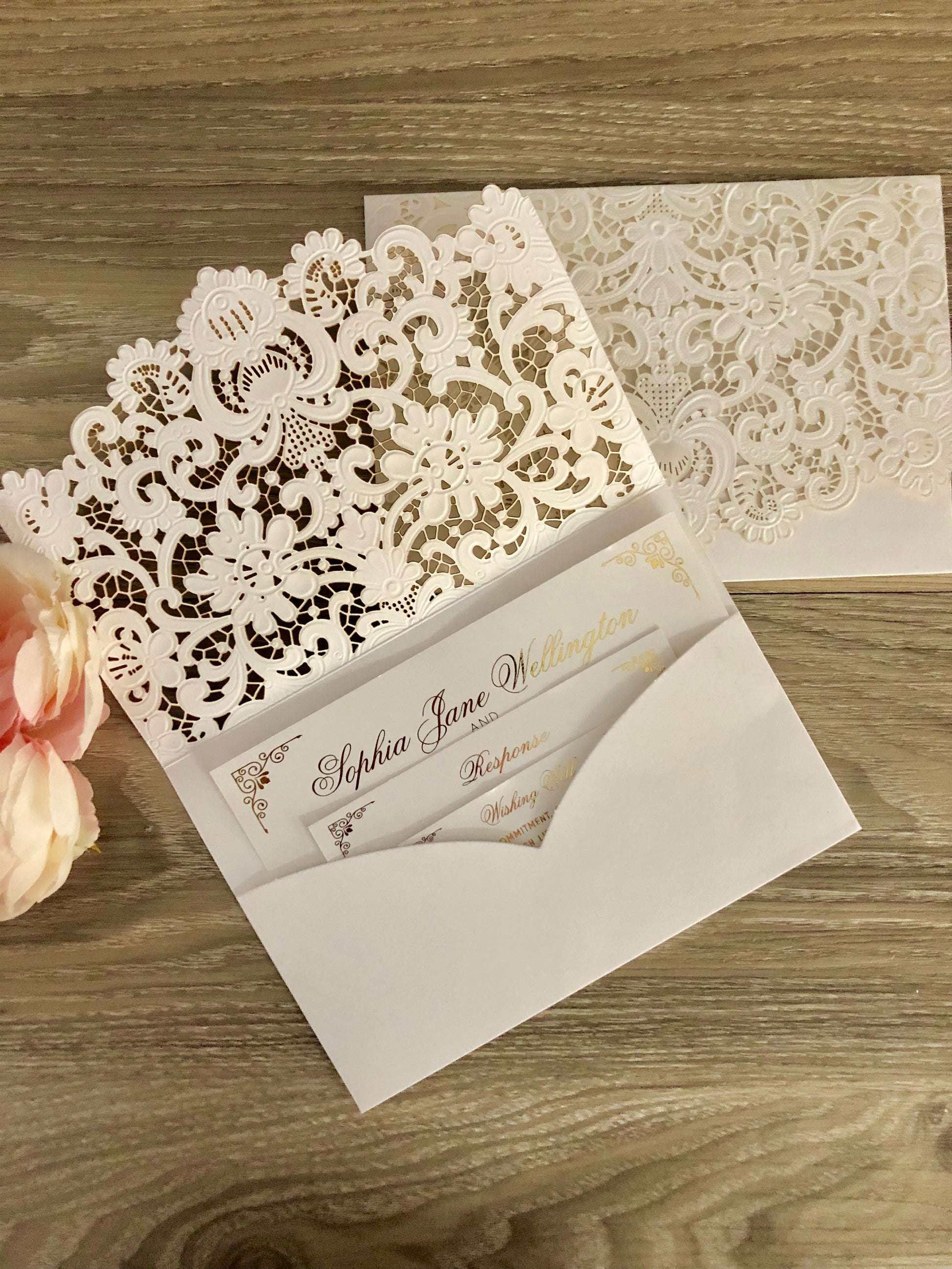 Gold Foil Lace Pocket Laser Cut Wedding Invitation - Glitzy Prints