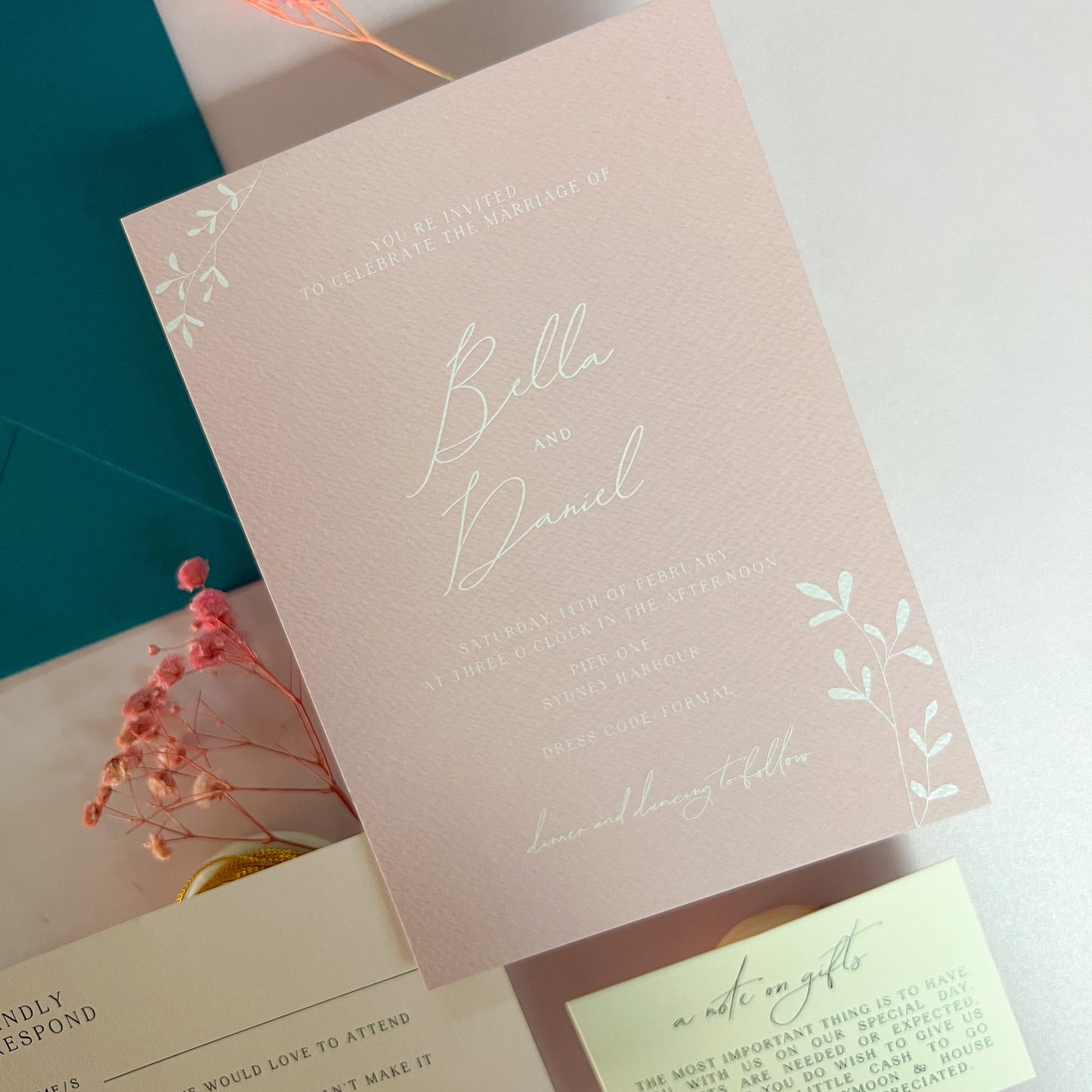 Bella White Ink Dusty Pink Invitation Suite - Glitzy Prints