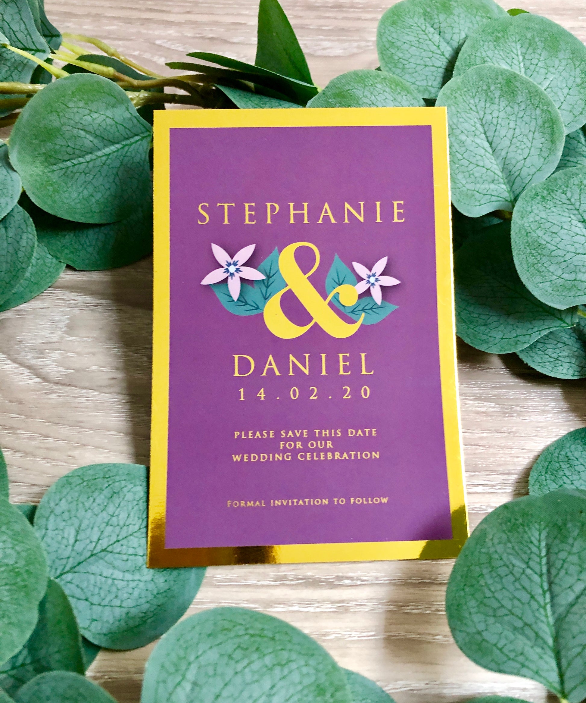 "Stephanie" Gold Foil Save the Date Wedding Invitation in Blush Dusty Pink, Purple or Navy - Glitzy Prints