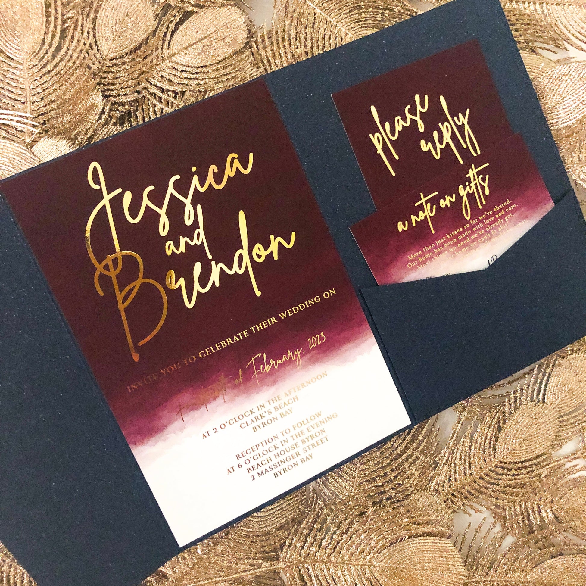 "Sienna" Navy Pocketfold Invitation with Burgundy Watercolour and Gold Foil - Glitzy Prints