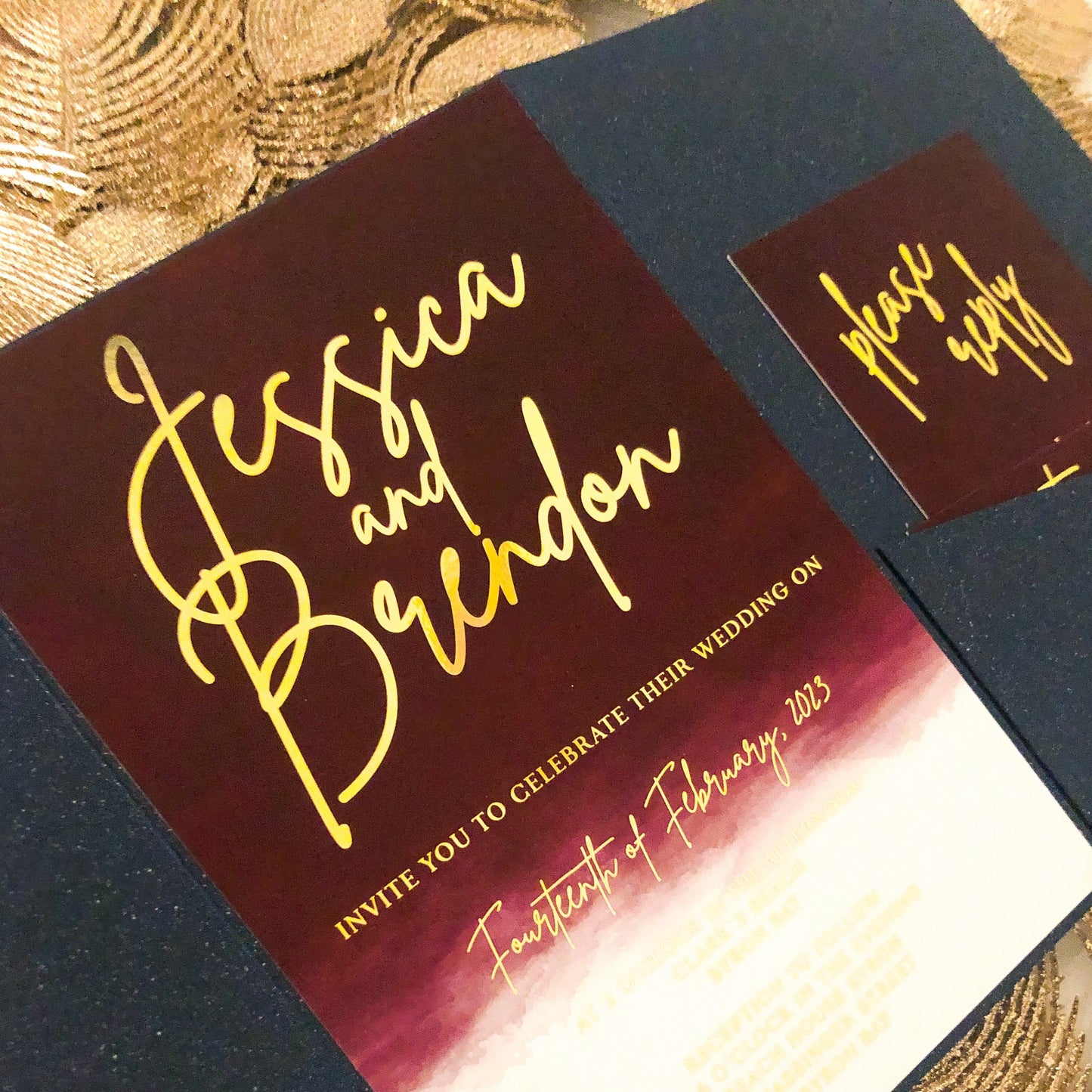 Navy and burgundy gold foil pocket invitation