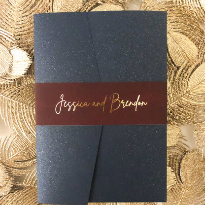 Navy and burgundy gold foil pocket invitation