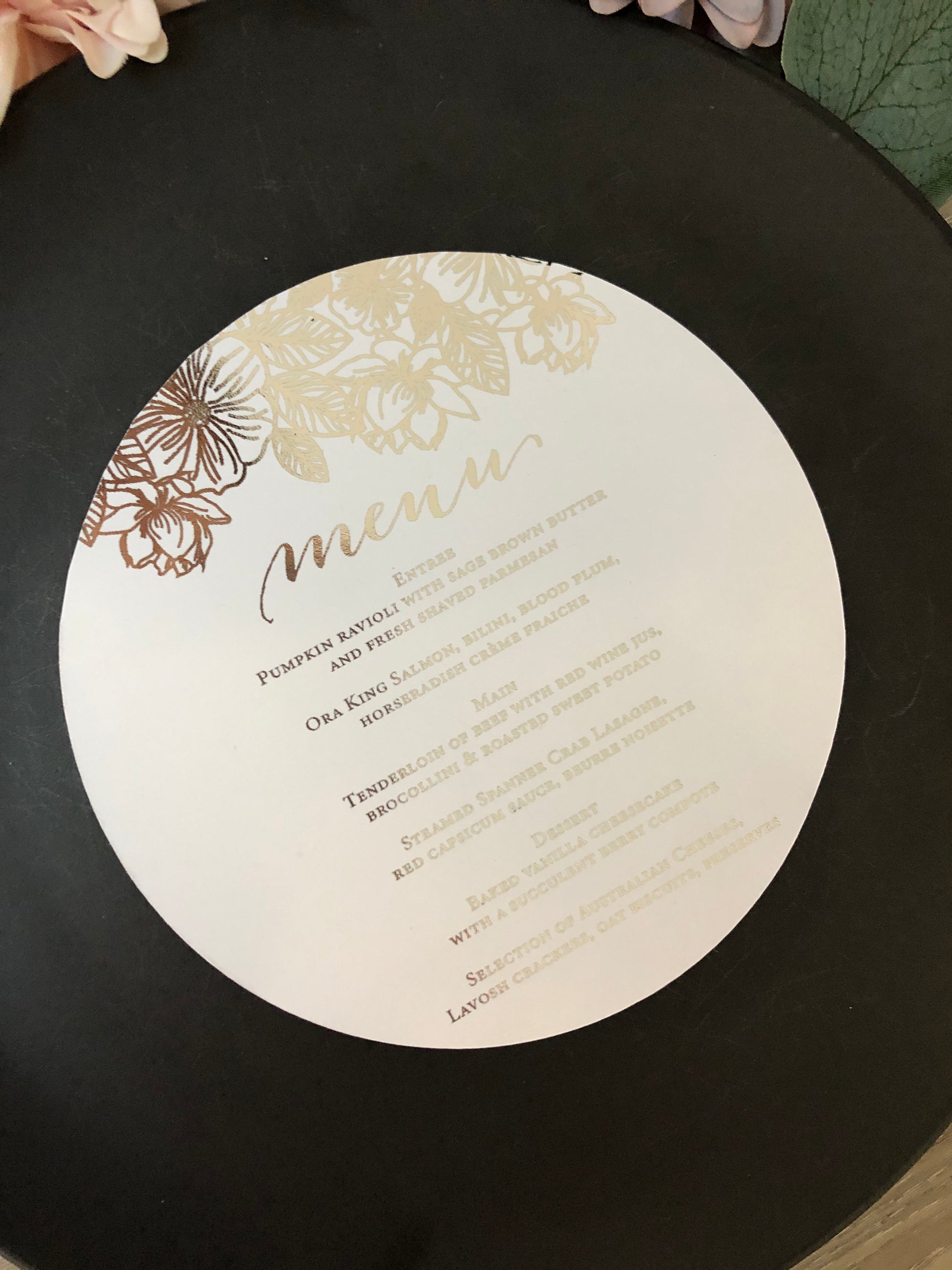 Gold,  or Silver Foil Round Flower Menu - Glitzy Prints