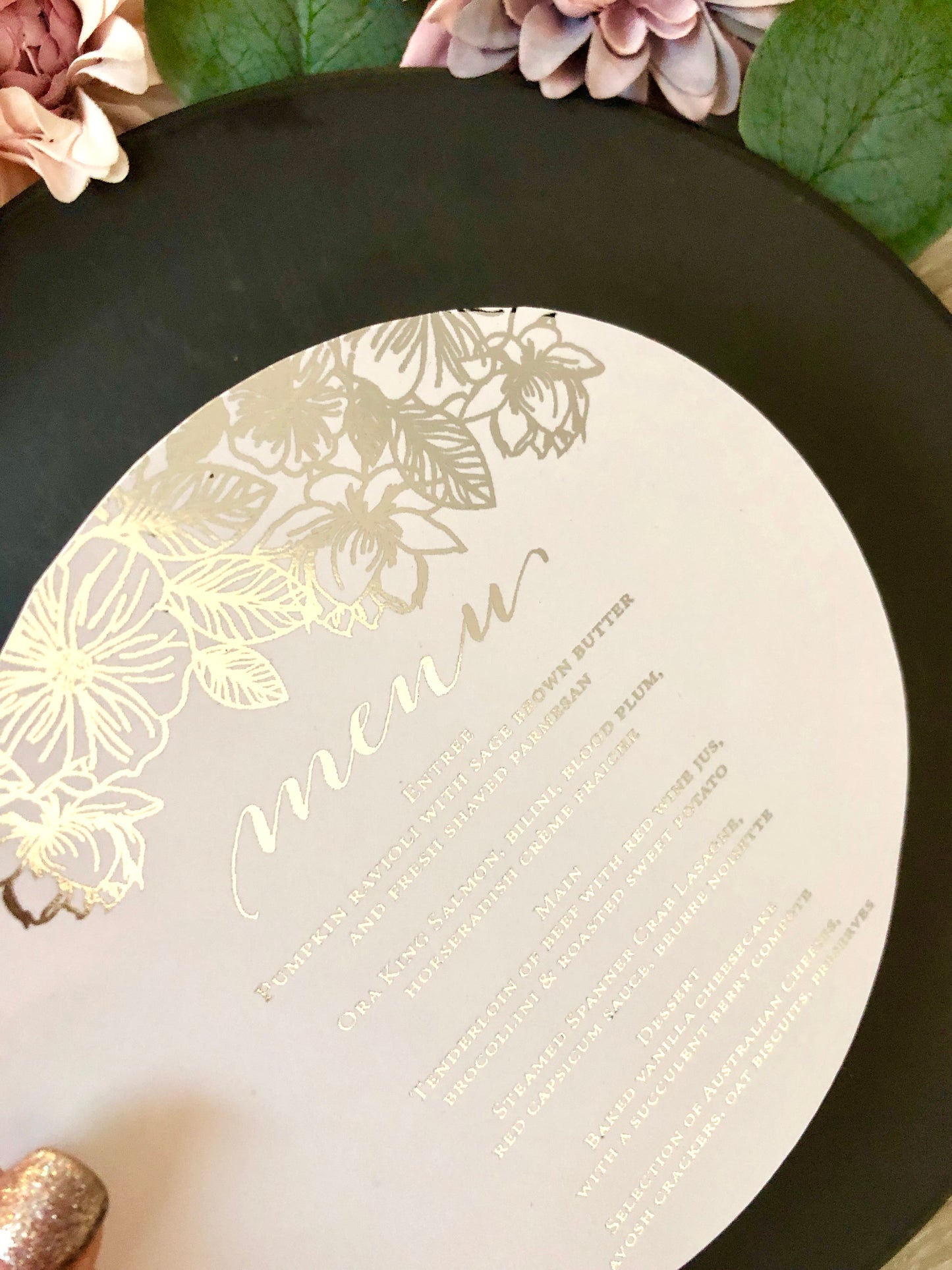 Gold,  or Silver Foil Round Flower Menu - Glitzy Prints