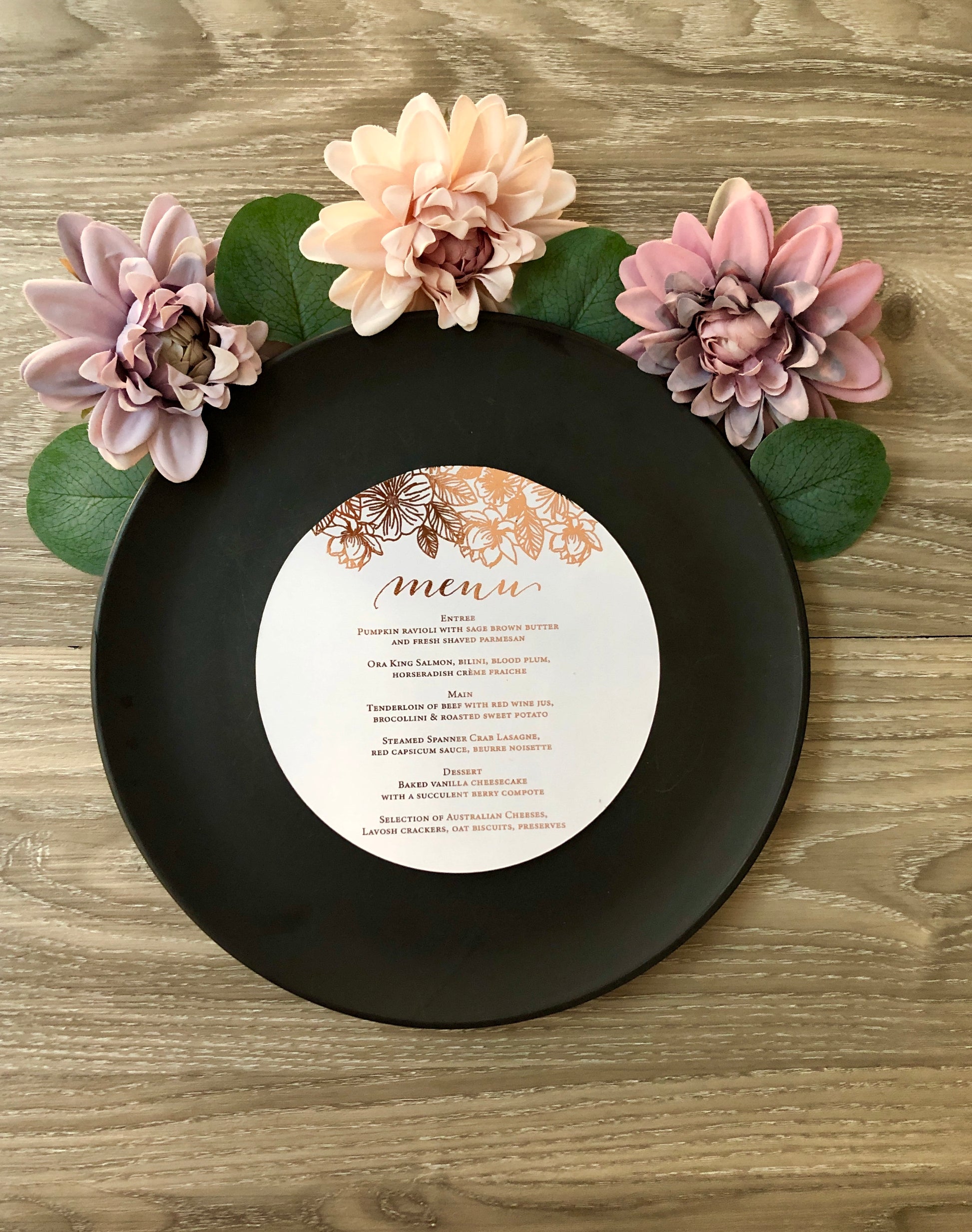 Gold,  or Silver Foil Round Flower Menu - Glitzy Prints